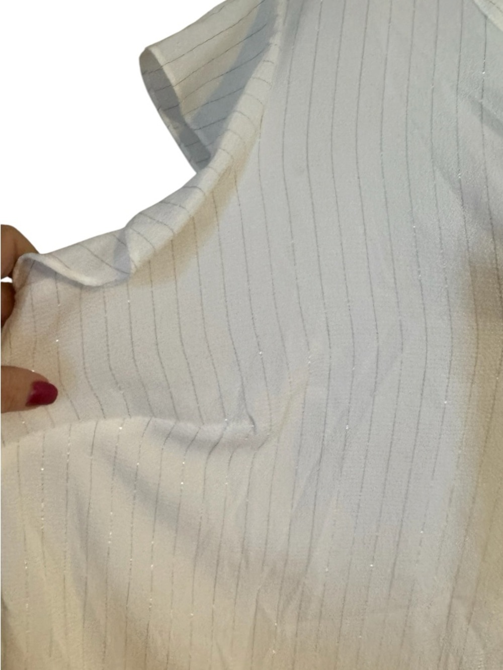 NWT Ivory w/Fine Gold Stripe Split-Neck Ruffle Sleeve Blouse PLUS: 1X #13 - Picture 3 of 11